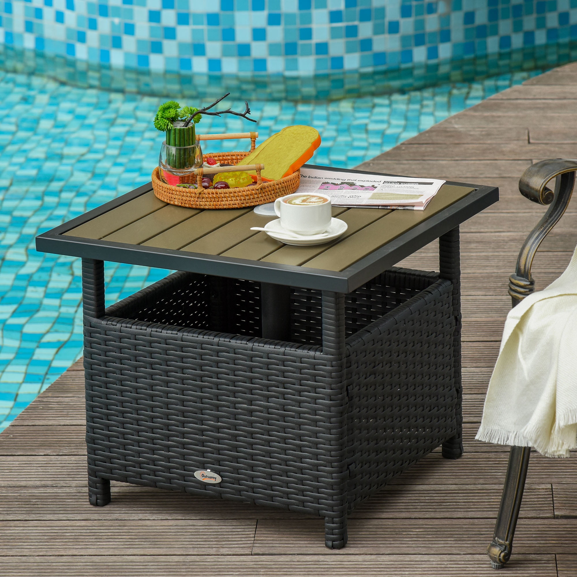 Outsunny 22 Rattan Wicker Side Table with Steel Frame Umbrella Insert Hole Sand Bag for Outdoor Patio Garden Backyard Black Tan Walmart Business Supplies