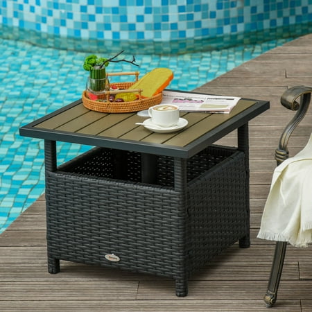Outsunny 22'' Rattan Wicker Side Table with Steel Frame, Umbrella Insert Hole, Sand Bag for Outdoor, Patio, Garden, Backyard, Black & Tan