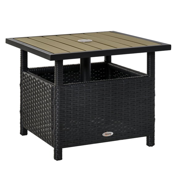Outsunny 22'' Rattan Wicker Side Table with Steel Frame, Umbrella Insert Hole, Sand Bag for Outdoor, Patio, Garden, Backyard, Black & Tan