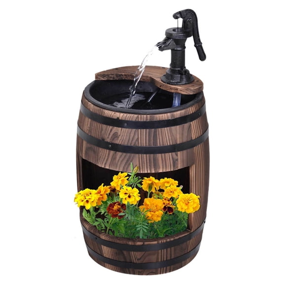Outsunny 23" H Outdoor Water Fountain Wood and Metal Rustic Apple Barrel Pump Garden Decor for Outside Backyard