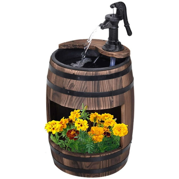 Outsunny 23" H Outdoor Water Fountain Wood and Metal Rustic Apple Barrel Pump Garden Decor for Outside Backyard,