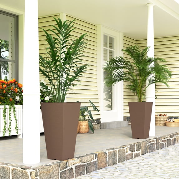 Outsunny 23" Tall Planters, Set of 2 Plastic Flower Pots, Stackable Tapered Outdoor Planters, Brown