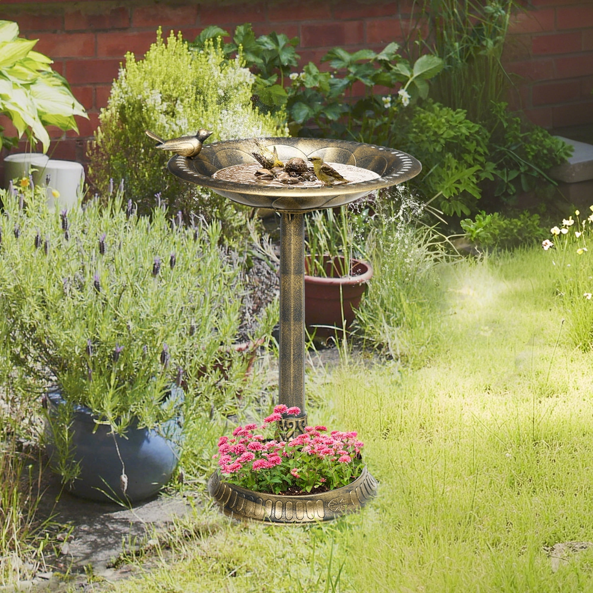 Bronze 28" Antique Bird Bath with Pedestal and Bird Statue