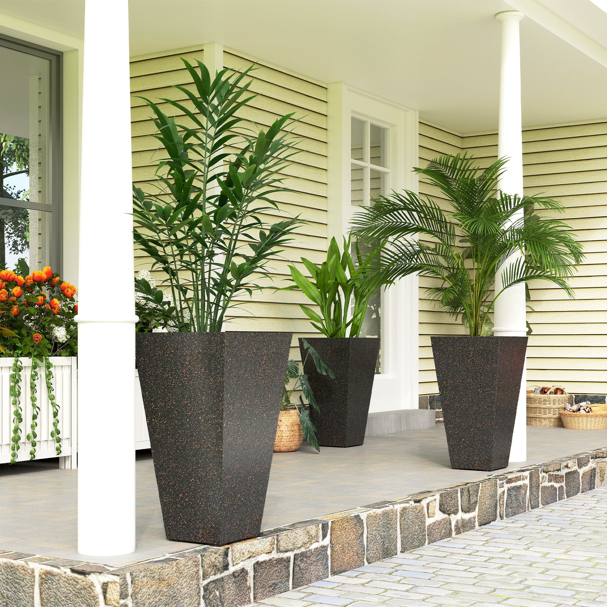 Outsunny 28" Tall Planters, Set of 3 Plastic Flower Pots with Marble Finish and Drainage Holes, Stackable Tapered Outdoor Planters, Brown