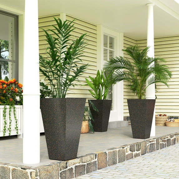 Outsunny 28in Tall Planters, Set of 3 Plastic Flower Pots with Marble Finish and Drainage Holes, Brown