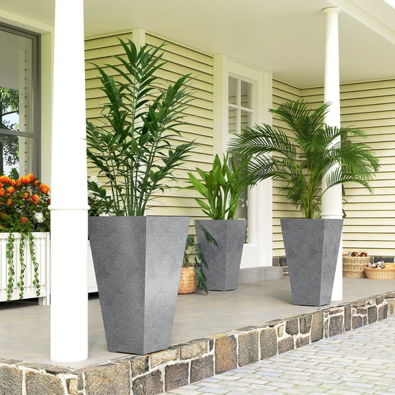 Outsunny 28" Tall Planters, Set of 3 Plastic Flower Pots with Marble Finish and Drainage Holes, Stackable Tapered Outdoor Planters, Gray