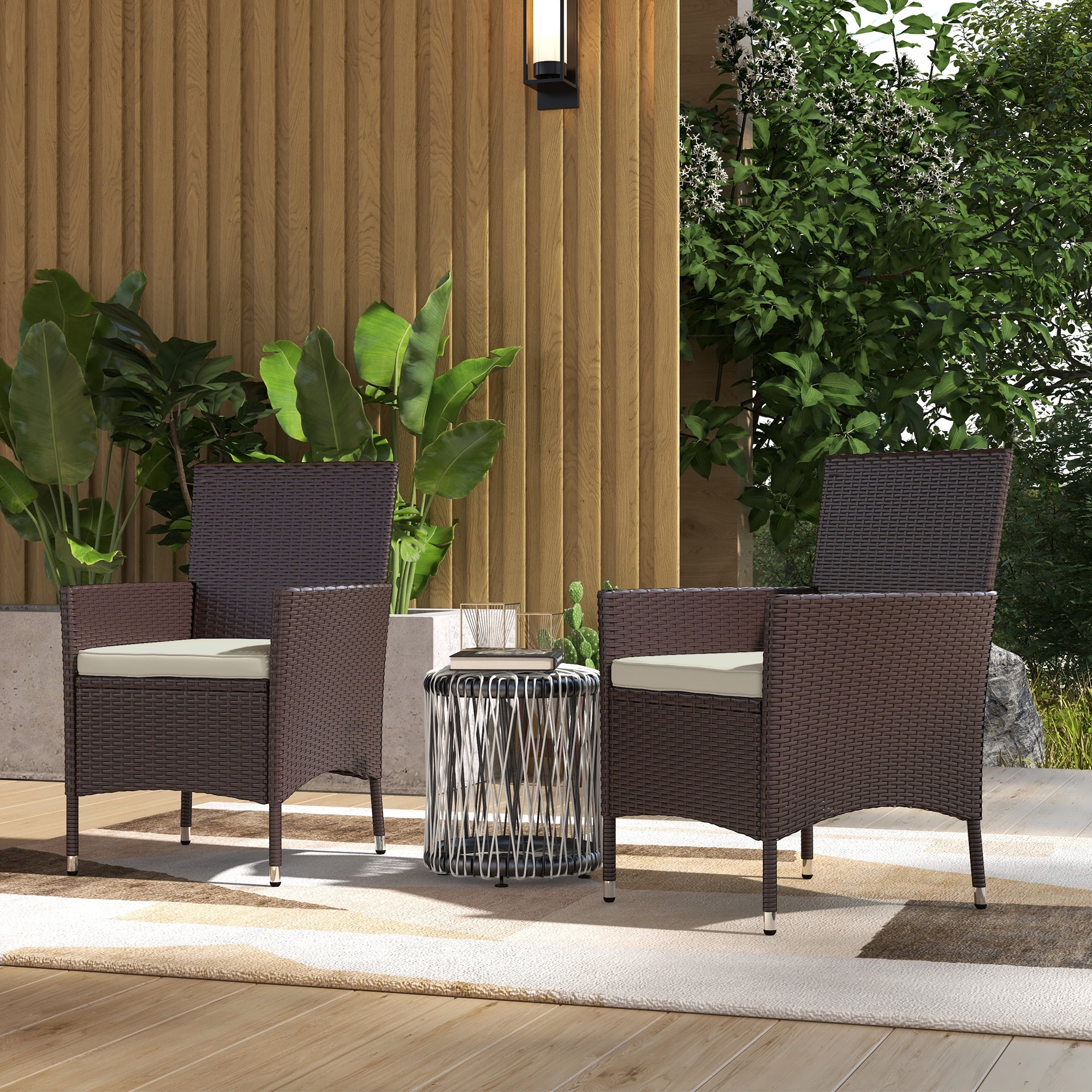 Dark Coffee Rattan Wicker Outdoor Dining Chairs with Cream Cushions