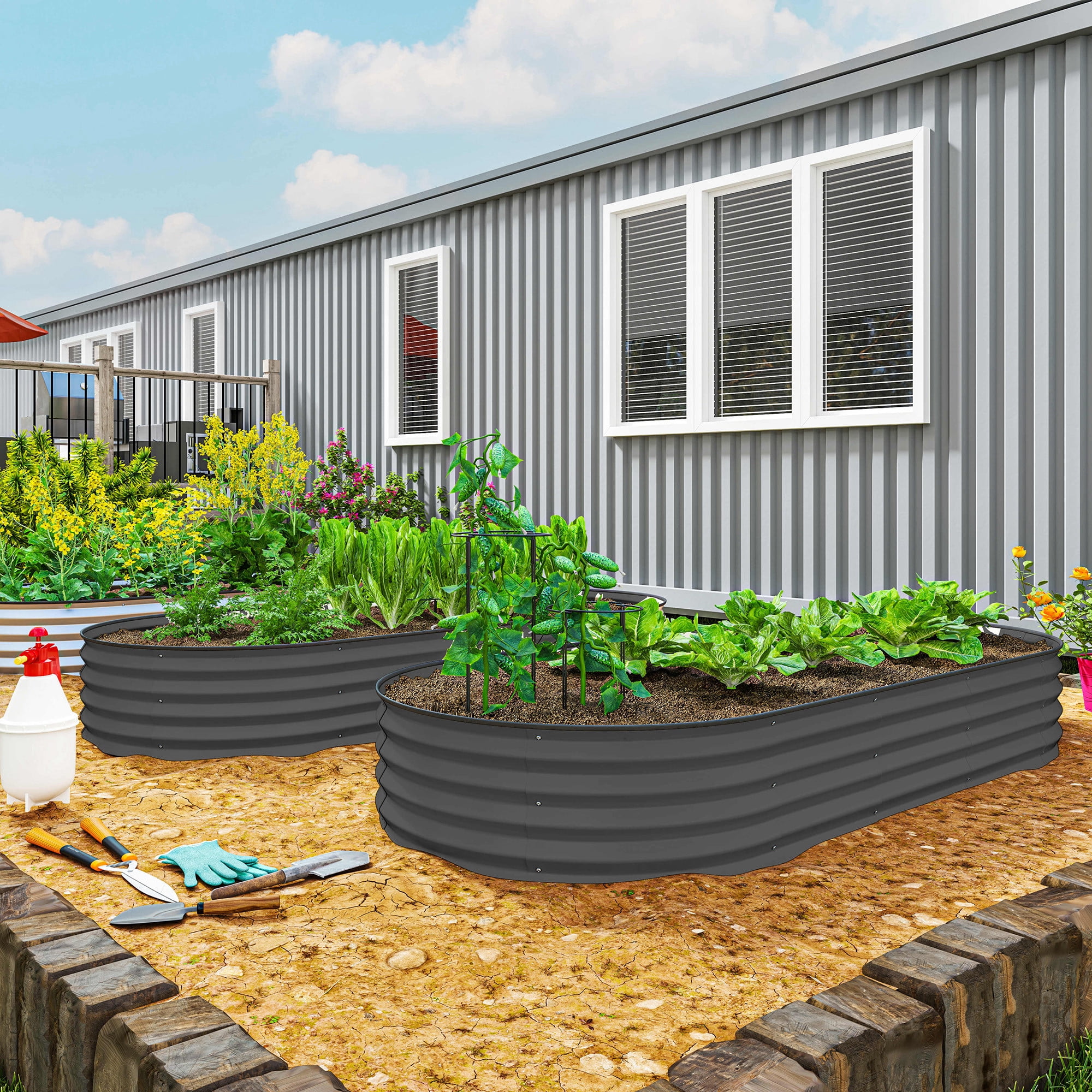 Outsunny 2PCS Galvanized Raised Garden Bed, 7' x 3' x 1' Raised Beds for Gardening with Metal Plant Stakes, Dark Gray