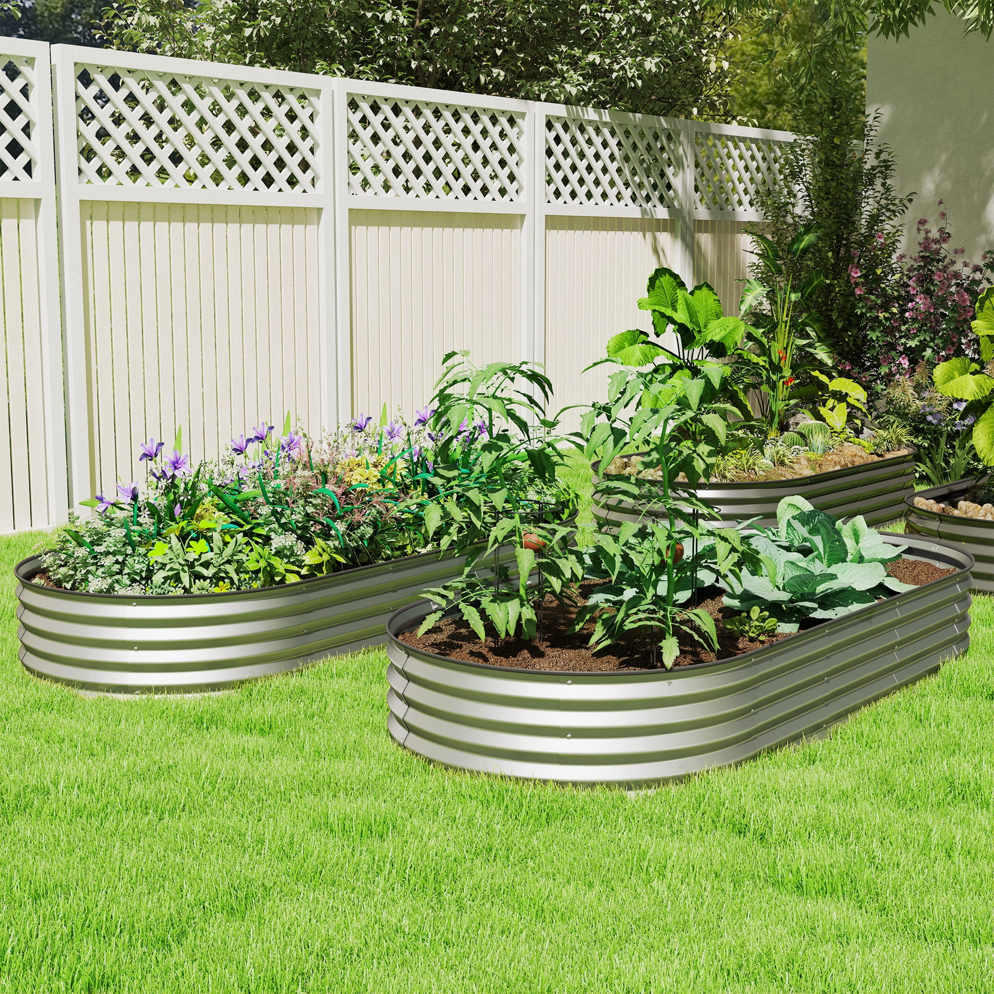 Silver Galvanized Steel Raised Garden Bed Set with Metal Plant Stakes