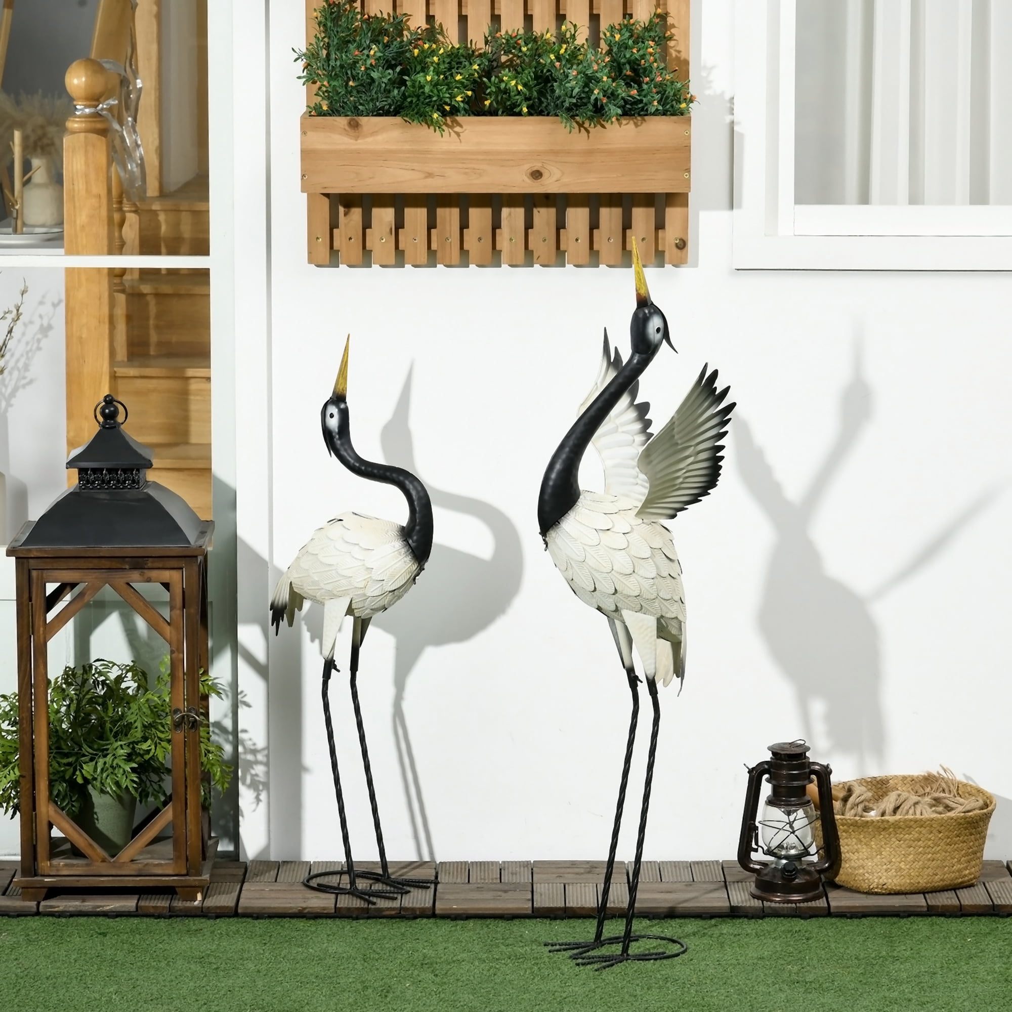 Set of 2 White and Black Metal Heron Garden Statues