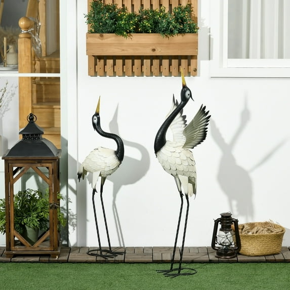 Outsunny Heron Garden Statues, 35.5" & 40.5" Standing Bird Sculptures, Metal Yard Art Decor, Landscape Decoration Set of 2, White & Black