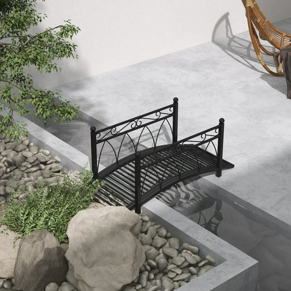 Outsunny 3.3' Metal Arch Zen Garden Bridge with Safety Siderails, Decorative Footbridge, Delicate Scrollwork & Corner Spheres for Stream, Black