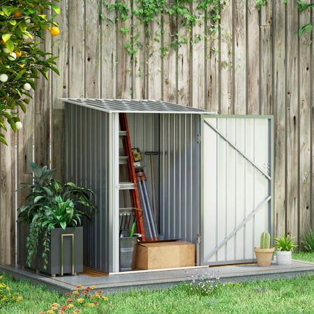 Outsunny 3.3' x 3.4' Lean-to Garden Storage Shed, Small Outdoor Galvanized Steel Tool House with Lockable Door for Patio, Backyard, Lawn, Gray