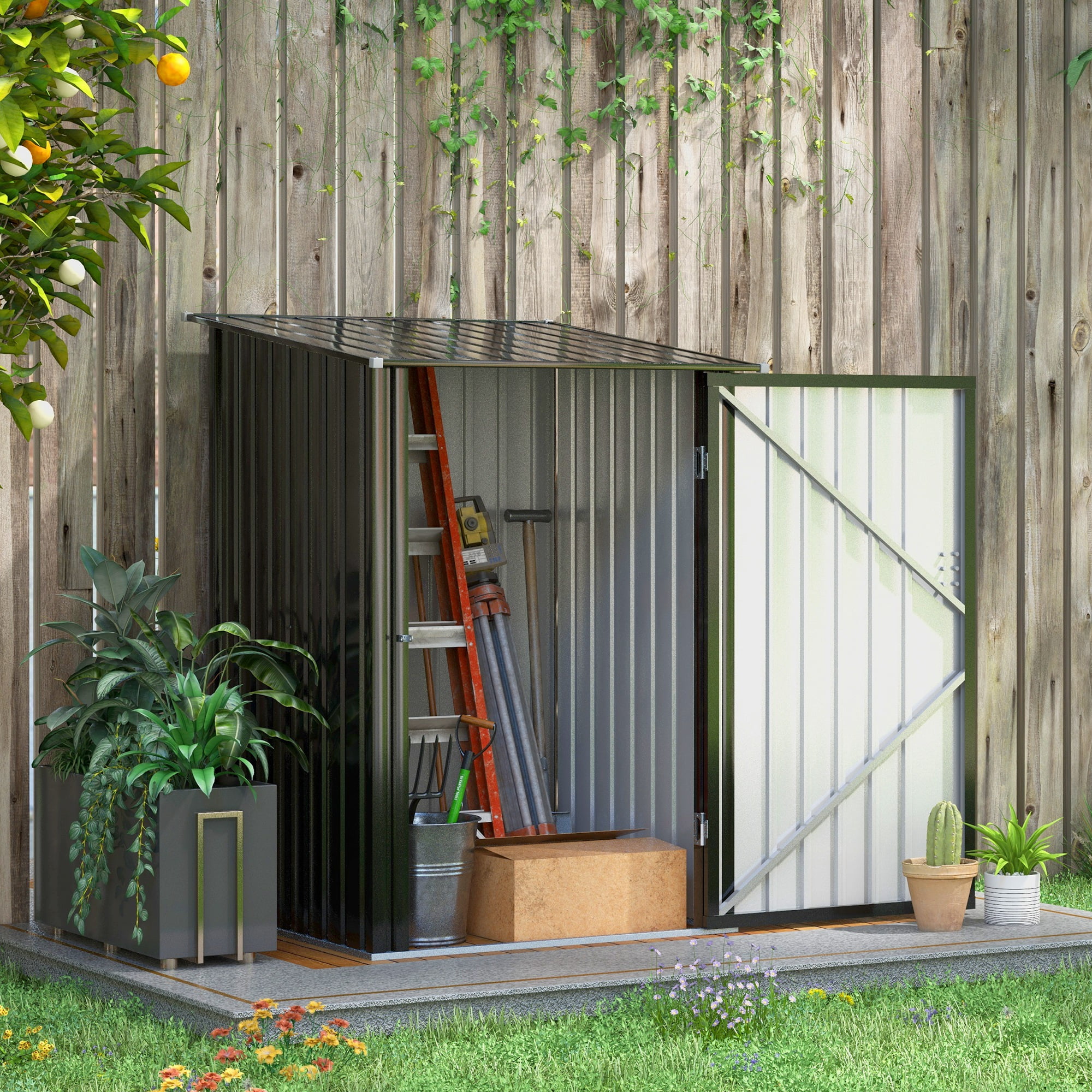 Outsunny 3.3' x 3.4' Metal Outdoor Storage Shed, Garden Utility Tool House with Double Lockable Doors for Backyard, Patio, Lawn, Garage, Dark Gray