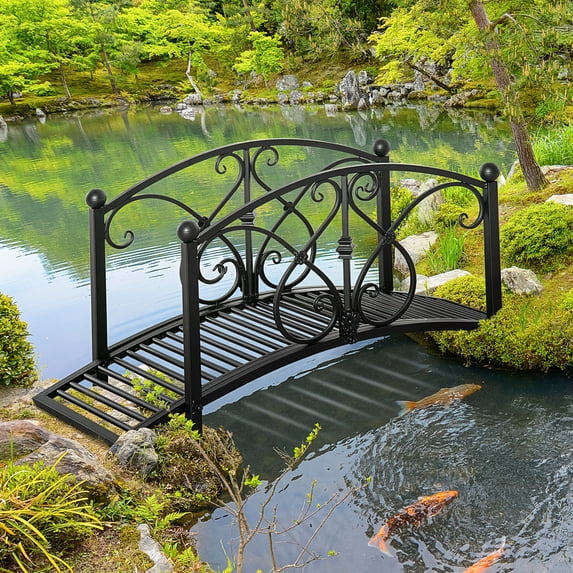 Outsunny 3.3FT Metal Arch Zen Garden Bridge with Safety Siderails, Decorative Footbridge, Delicate Floral Scrollwork for Stream, Fish Pond, Black