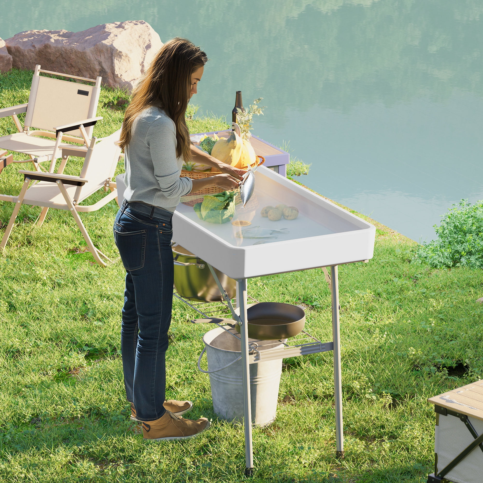 White Folding Steel Ice Cooler Table with Drain and Storage Shelf