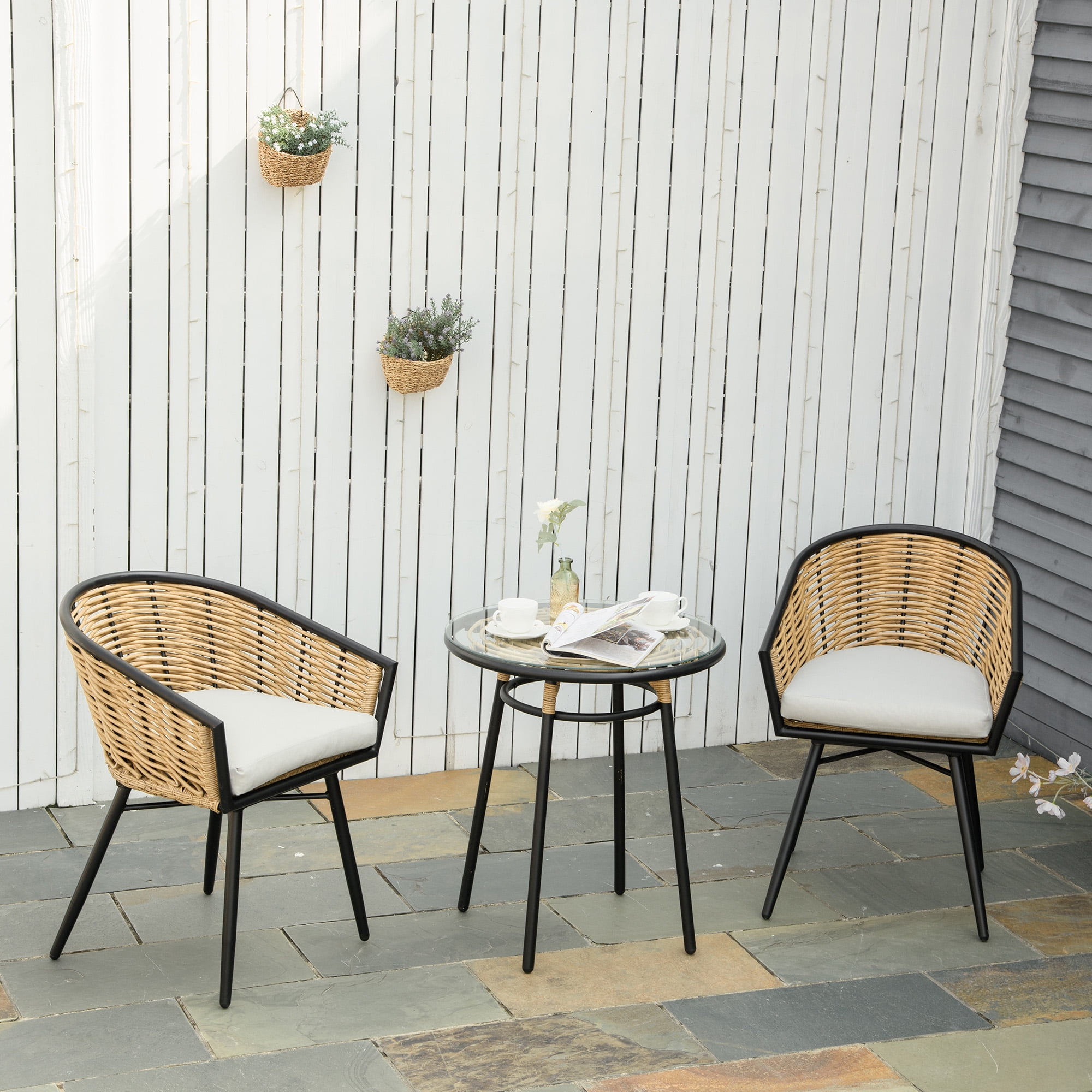 Outsunny 3-Piece Patio Bistro Set With Stackable Mesh Chairs & Stone-Look Table For Small Balcony, Black