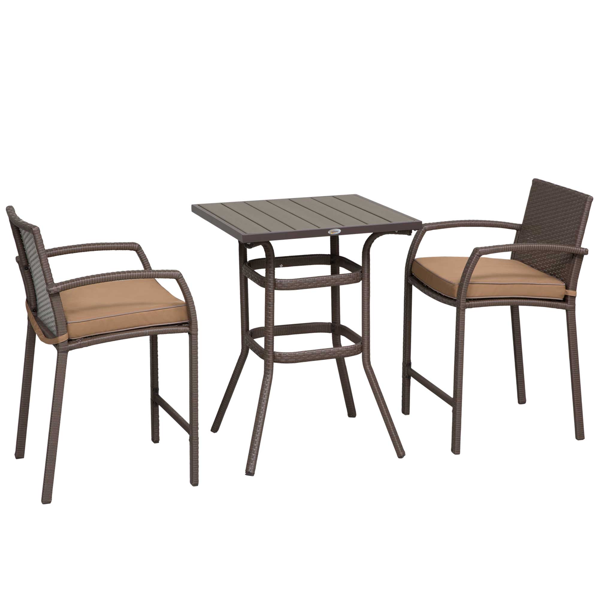 Outsunny 3 PCS Rattan Wicker Bar Set with Wood Grain Top Table and 2 Bar Stools for Outdoor, Patio, Poolside, Garden, Brown - image 1 of 9