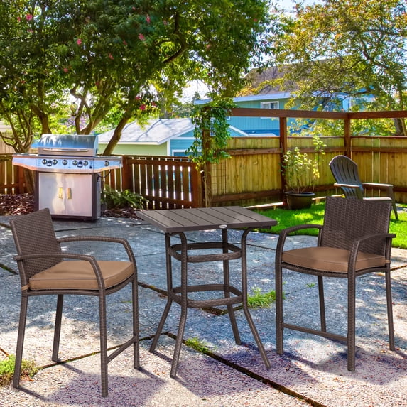Outsunny 3 PCS Rattan Wicker Bar Set with Wood Grain Top Table and 2 Bar Stools for Outdoor, Patio, Poolside, Garden, Brown