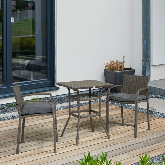 Outsunny 3 PCS Rattan Wicker Bar Set with Wood Grain Top Table and 2 Bar Stools for Outdoor, Patio, Poolside, Garden, gray