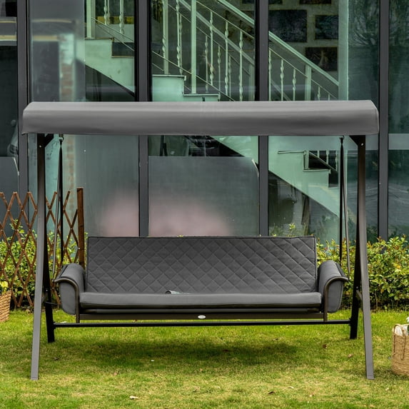 Outsunny 3 Person Patio Swing Chair Bench Outdoor Convertible Hammock Bed with Adjustable Canopy, Cushion, Pillows for Porch, Backyard, Garden, gray