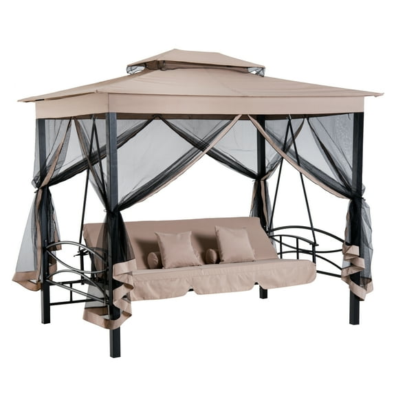 Outsunny 3 Person Patio Swing Chair, Gazebo Swing with Double Tier Canopy, Cushioned Seat, Mesh Sidewalls, Beige
