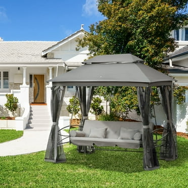 Outsunny 3 Person Patio Swing Chair, Gazebo Swing with Double Tier Canopy, Cushioned Seat, Mesh Sidewalls, gray