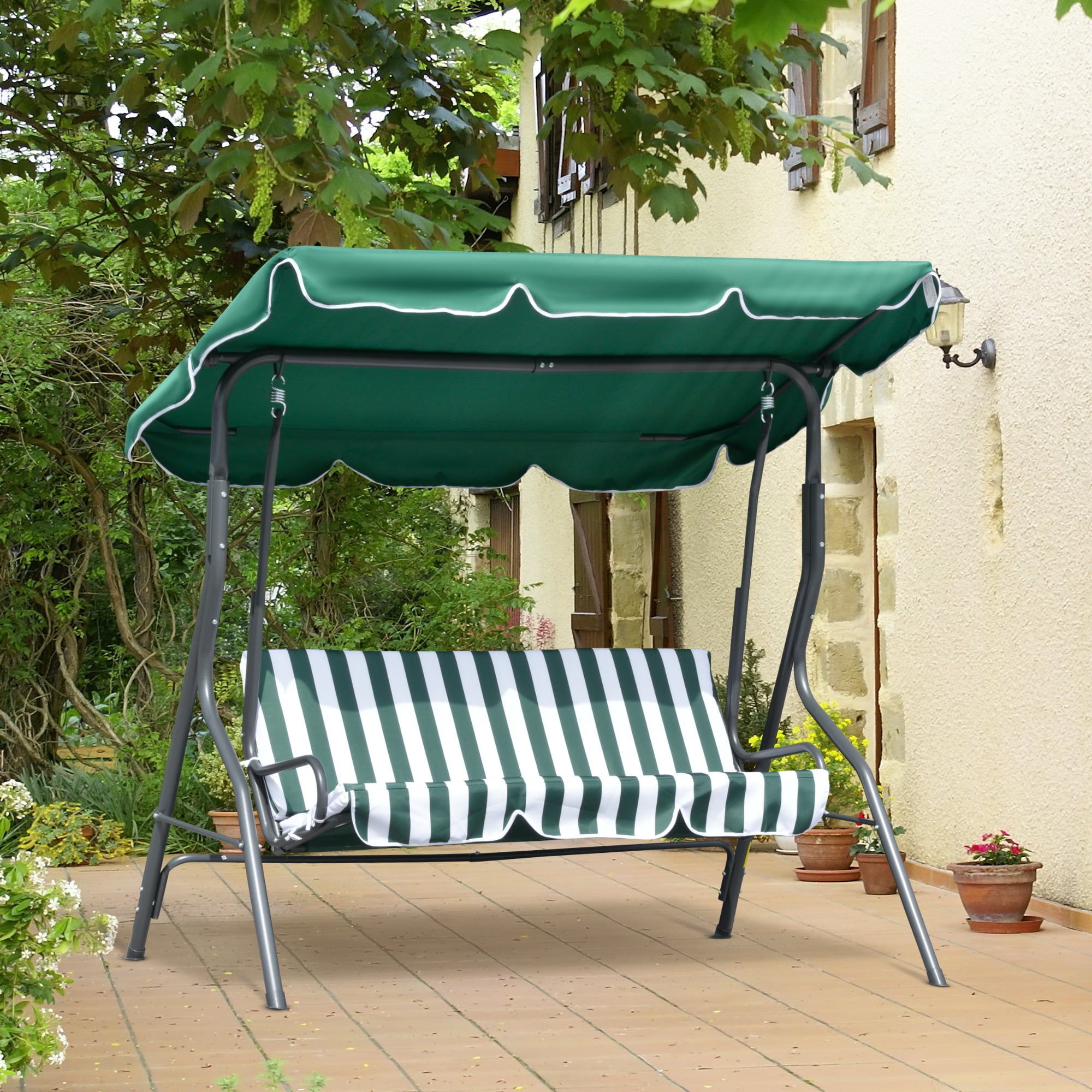 Green 3-Person Steel Frame Patio Swing with Adjustable Canopy