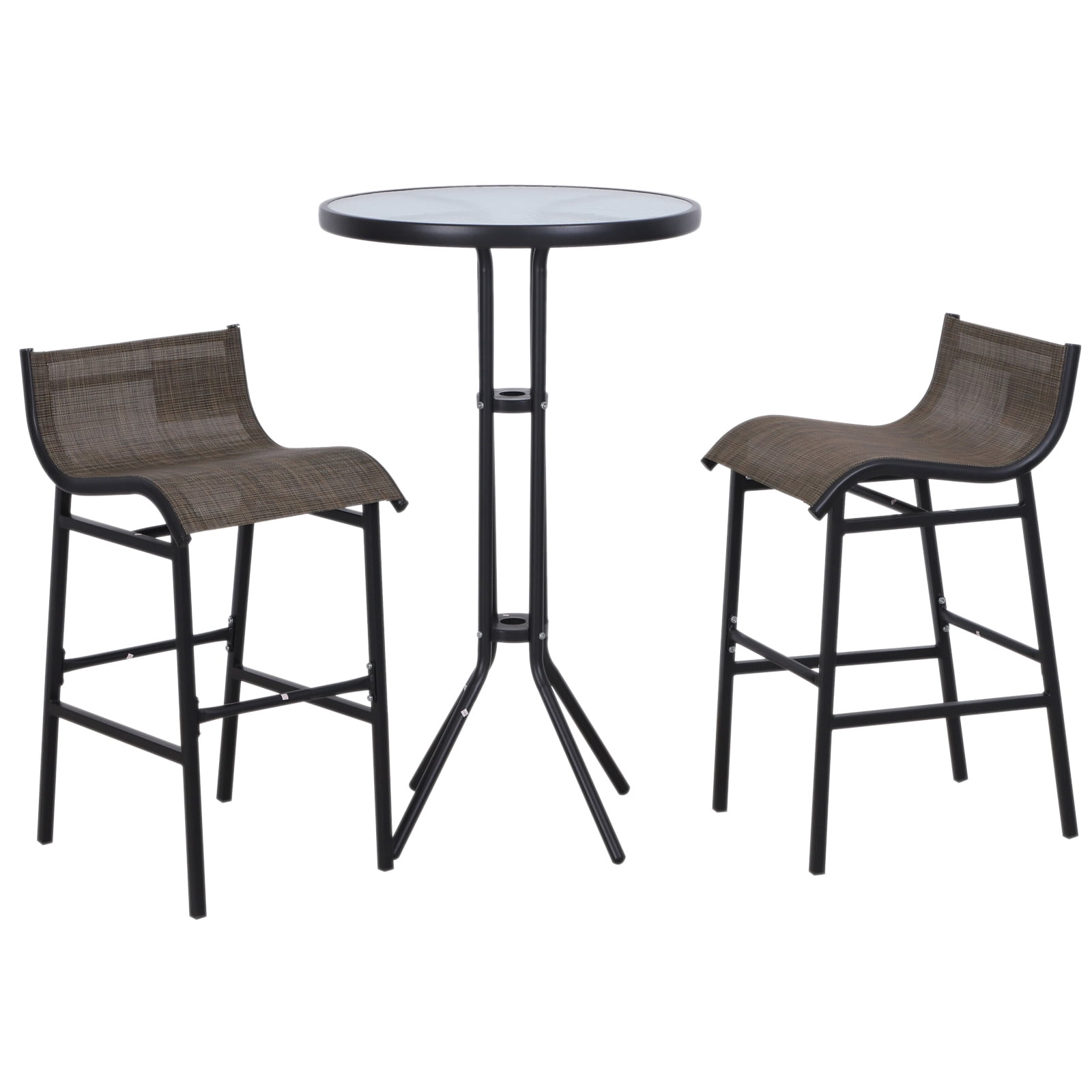 Tan Mesh Fabric and Black Steel 3-Piece Bar Height Outdoor Bistro Set