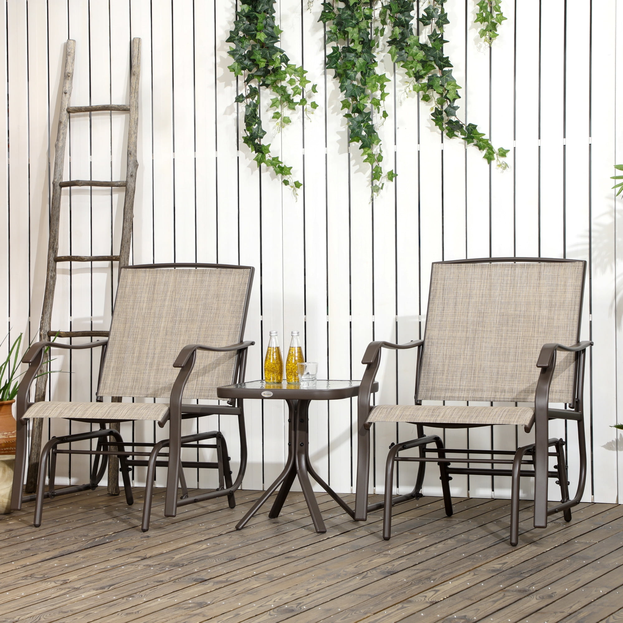 Brown 3-Piece Outdoor Glider Chair Set with Glass Table