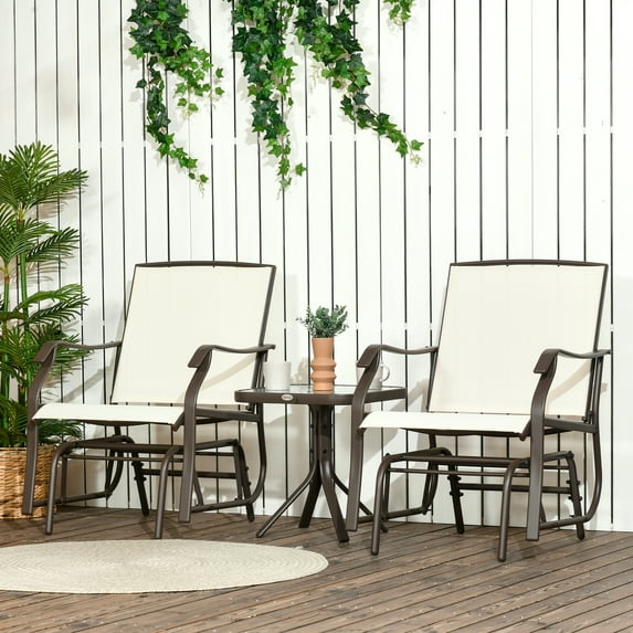 Outsunny 3 Piece Bistro Set with Outdoor Gliders, Glass Top Table, White