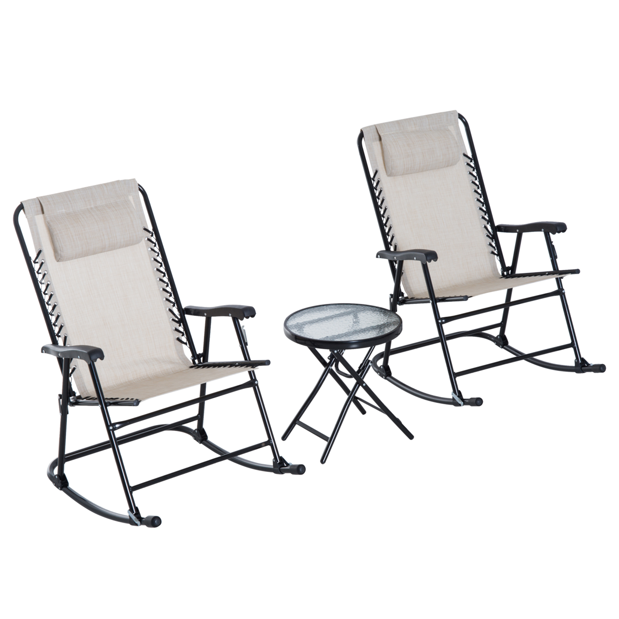 Outsunny 3 Piece Outdoor Rocking Chair Set, Patio Folding Lawn Rocker Set with Glass Coffee Table, Headrests for Yard, Patio, Deck, Backyard, Cream White - image 1 of 9