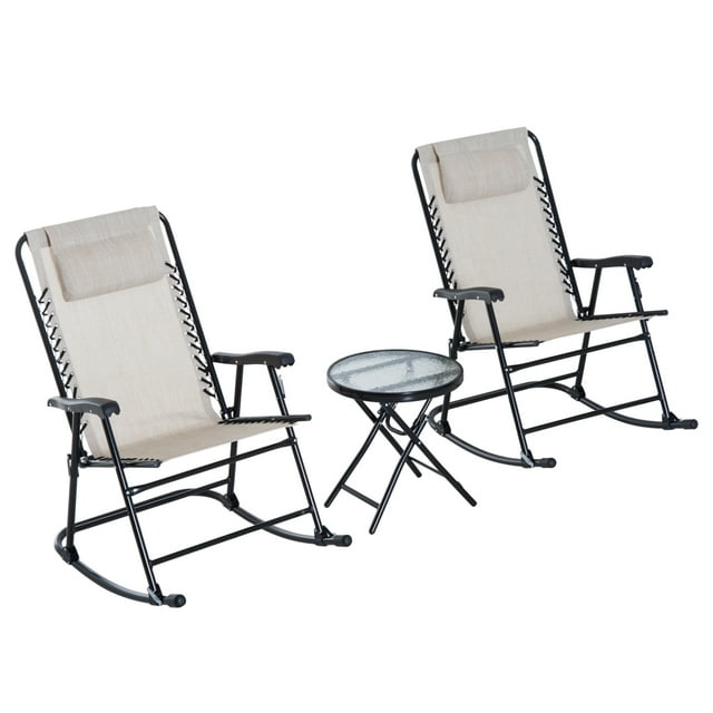 Outsunny 3 Piece Outdoor Rocking Chair Set, Patio Folding Lawn Rocker Set with Glass Coffee Table, Headrests for Yard, Patio, Deck, Backyard, Cream White