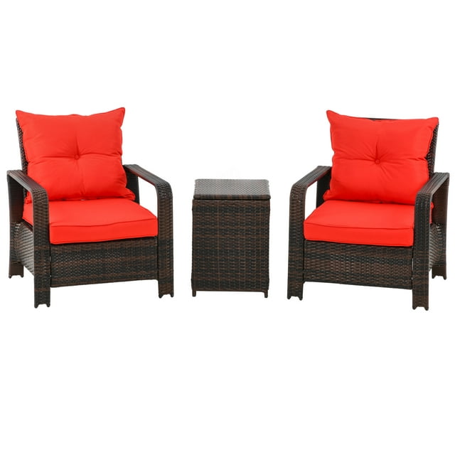 Outsunny 3 Piece Patio Furniture Set, PE Wicker Storage Table & Chairs, Red
