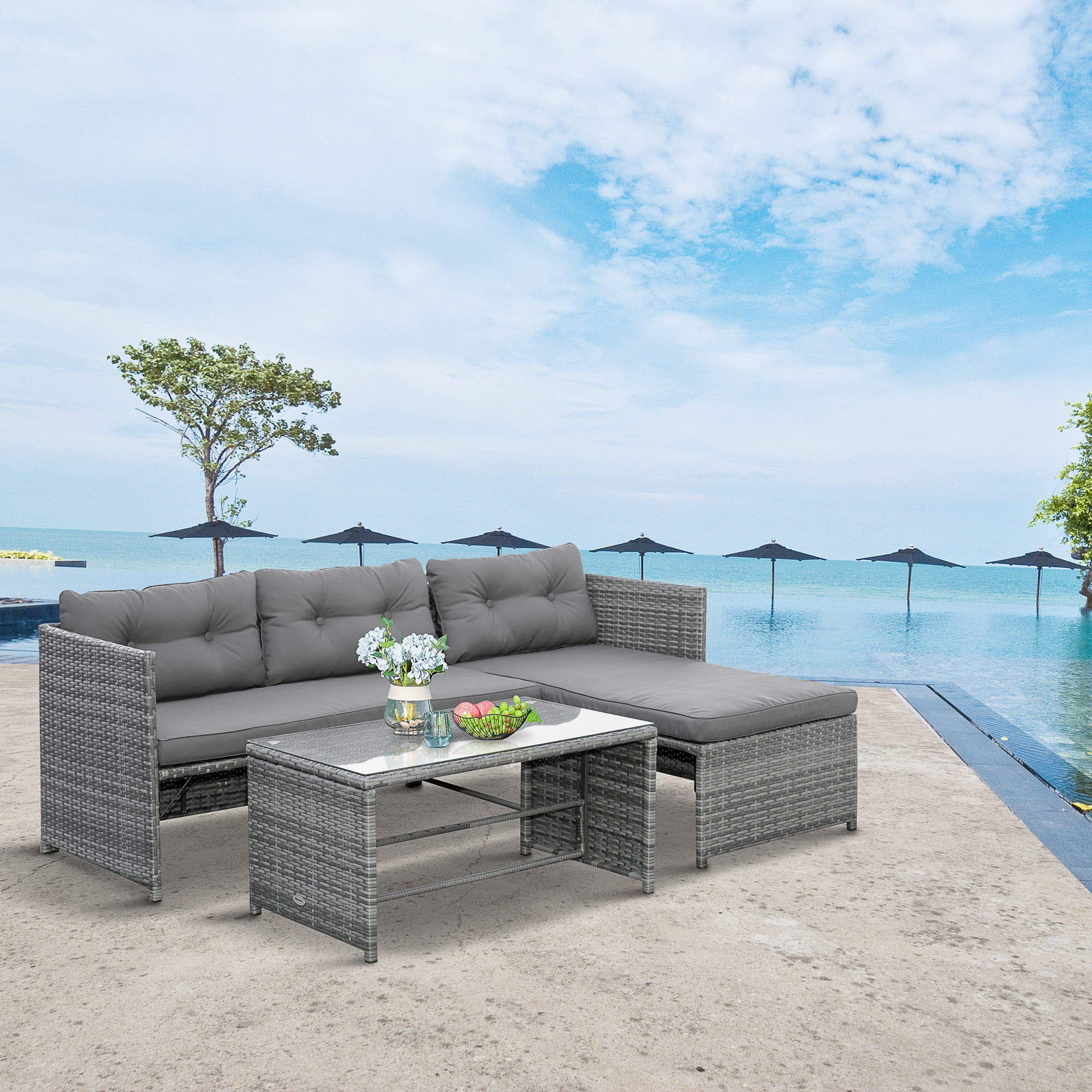 Outsunny 3 Piece Patio Furniture Set, Rattan Outdoor Sofa Set with Chaise Lounge & Loveseat, Soft Cushions, Tempered Glass Table, L-Shaped Sectional Couch, Charcoal