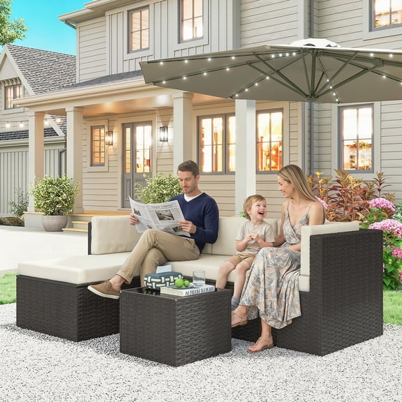 Outsunny 3 Piece Patio Furniture Set, Wicker Rattan Outdoor Patio Conversation Furniture Set with Cushions, Glass Top Coffee Table, Beige