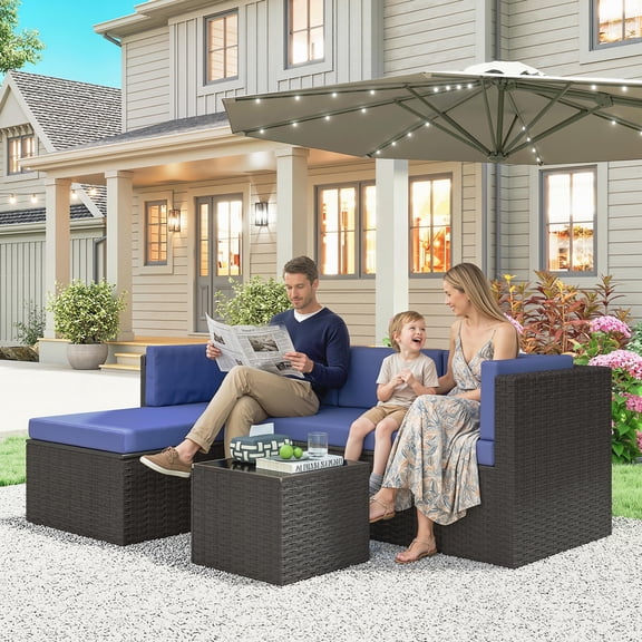 Outsunny 3 Piece Patio Furniture Set, Wicker Rattan Outdoor Patio Conversation Furniture Set with Cushions, Glass Top Coffee Table, Navy Blue