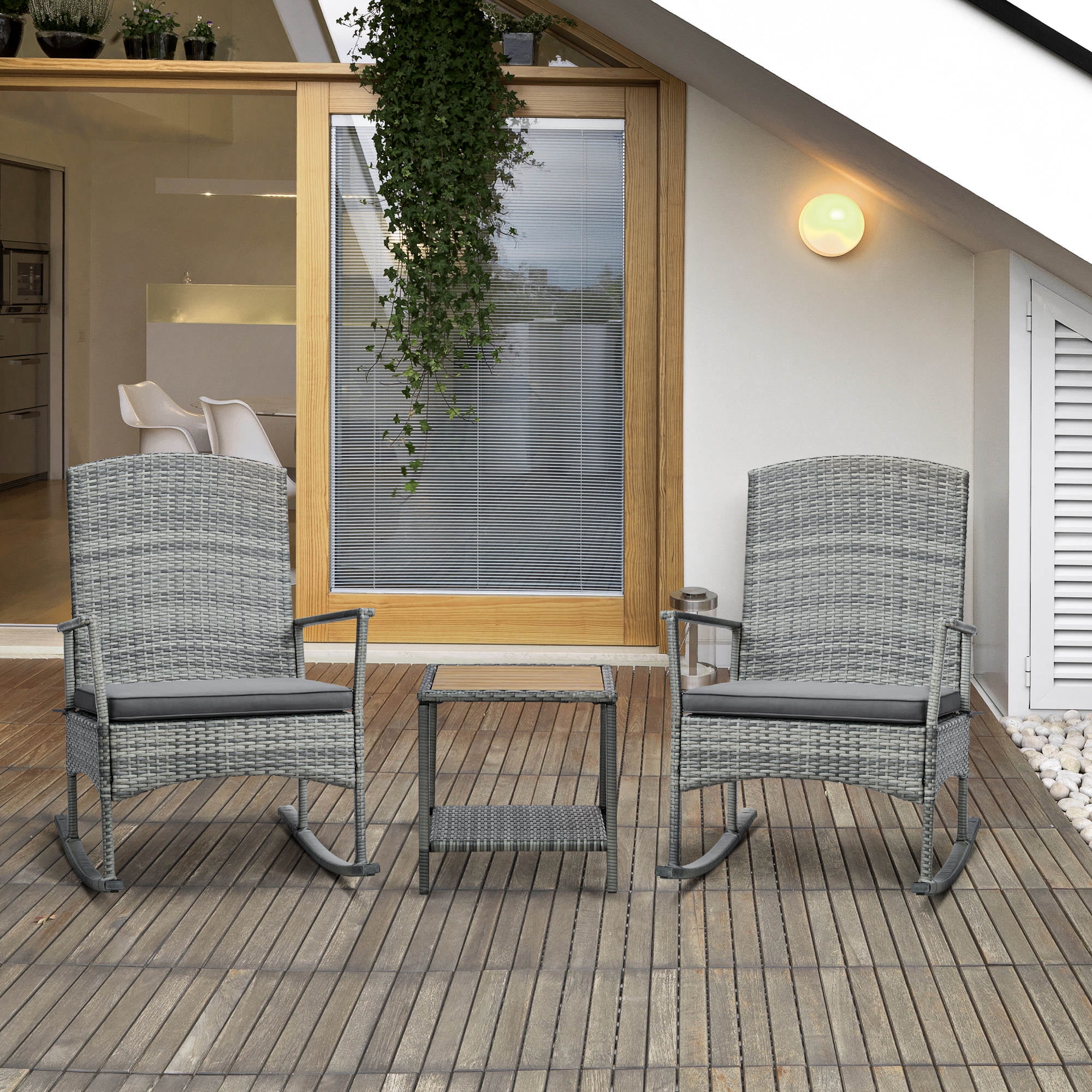 Gray PE Rattan Rocking Chair Set with Cushions and Wood Table