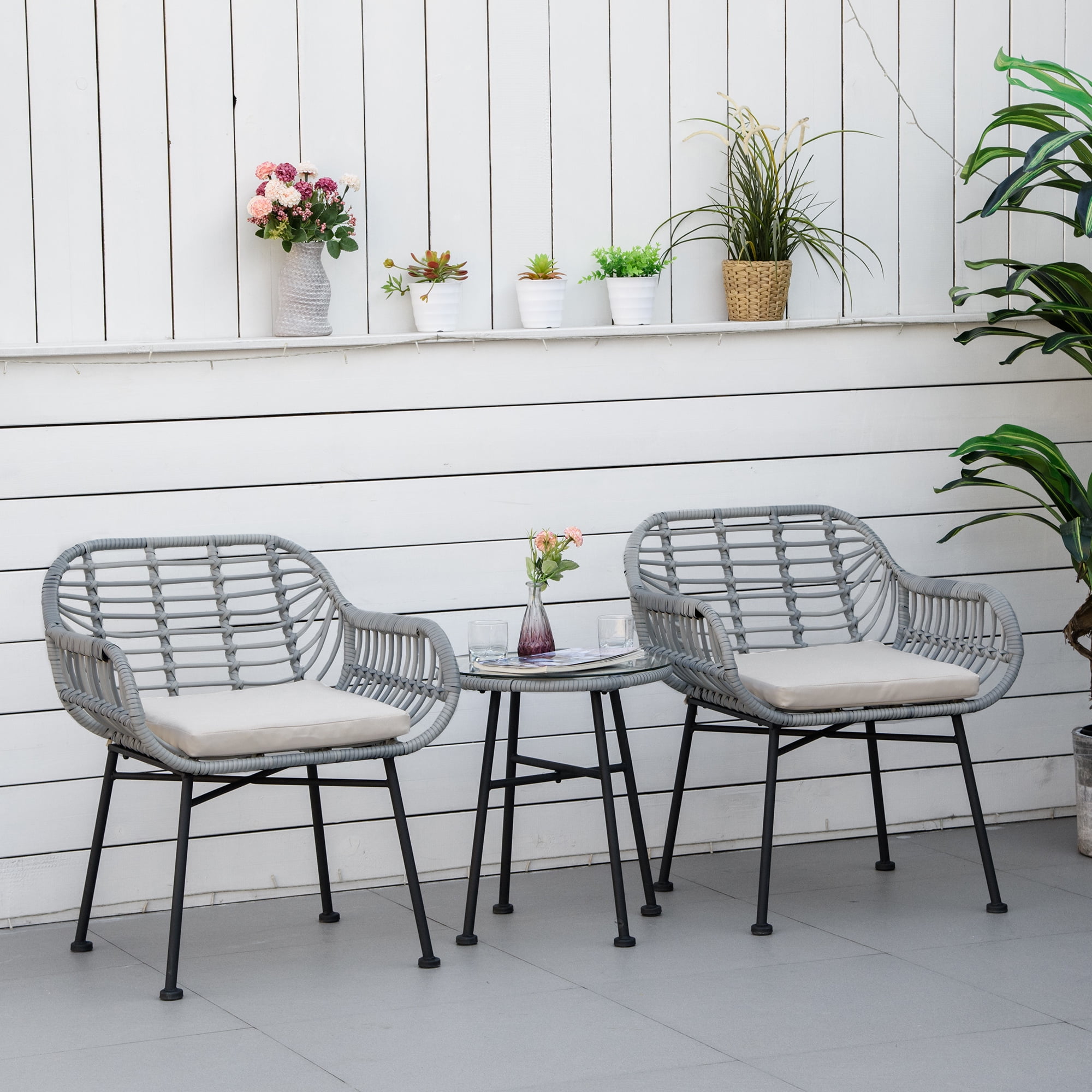 Outsunny 3-Piece Gray and Cream PE Rattan Patio Set