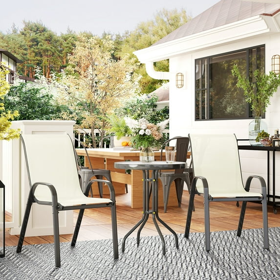 Outsunny 3 Pieces Outdoor Bistro Set, Patio Furniture with Stackable Chairs and Glass Table, High Back Small Patio Set for Balcony, Porch, Beige