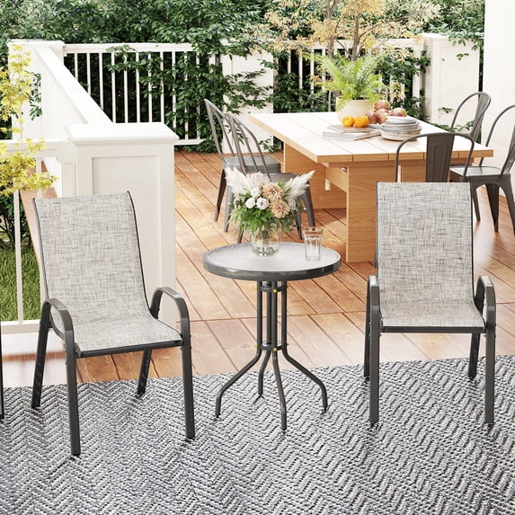 Outsunny 3 Pieces Outdoor Bistro Set, Patio Furniture with Stackable Chairs and Glass Table, High Back Small Patio Set for Balcony, Porch, Gray