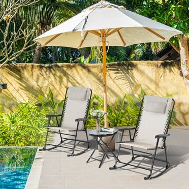 Outsunny 3 Piece Outdoor Rocking Bistro Set, Patio Folding Chair Table Set with Glass Coffee Table for Yard, Patio, Deck, Backyard, Cream White