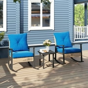 Outsunny 3 Pieces Patio Bistro Set, Wicker Furniture Set with Button Tufted Cushions, Rattan Rocking Chairs and Coffee Table, Dark Blue