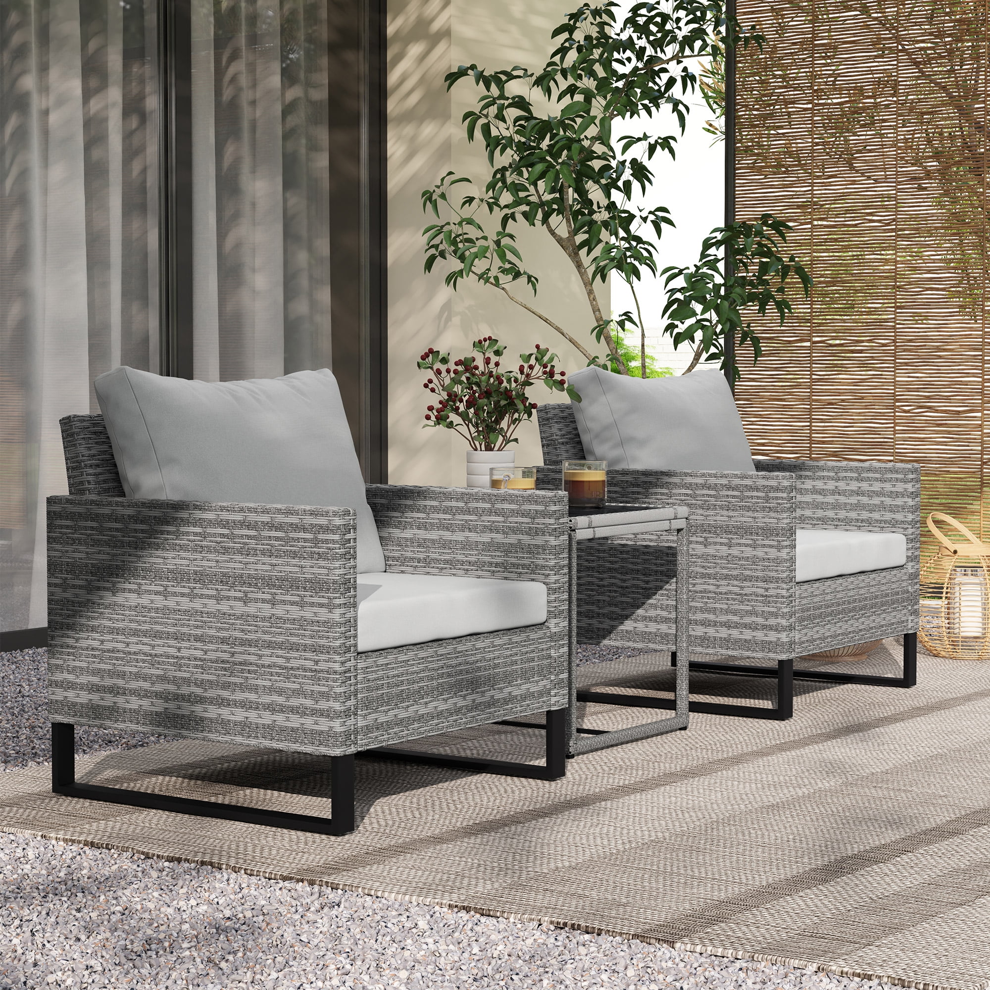 Gray Wicker Bistro Set with Cushions and Glass Table