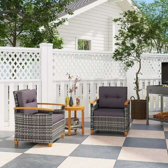 Outsunny 3 Pieces Patio Bistro Set Wooden with Cushions, PE Wicker Patio Furniture Outdoor for Porch, Backyard, Garden, Gray