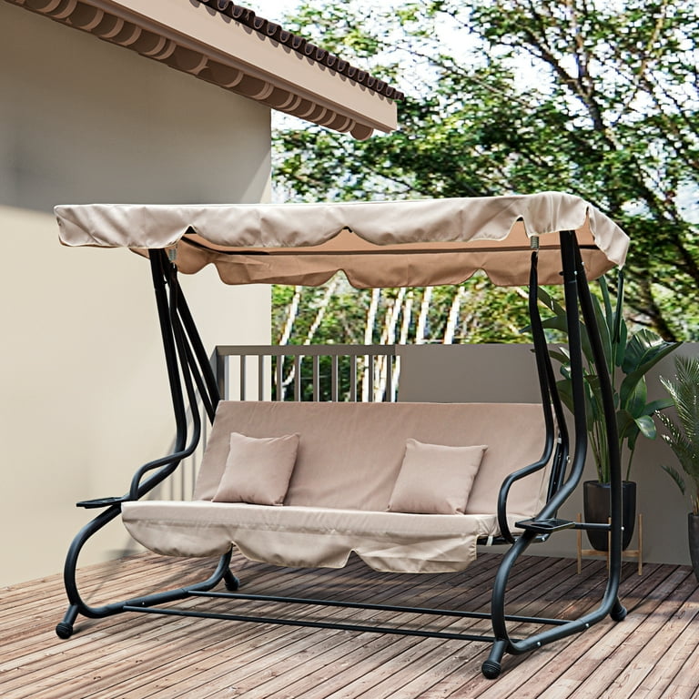 Outsunny 3 Seat Outdoor Free Standing Swing Bench Porch Swing with Stand Comfortable Cushioned Fabric Included Canopy Light Brown