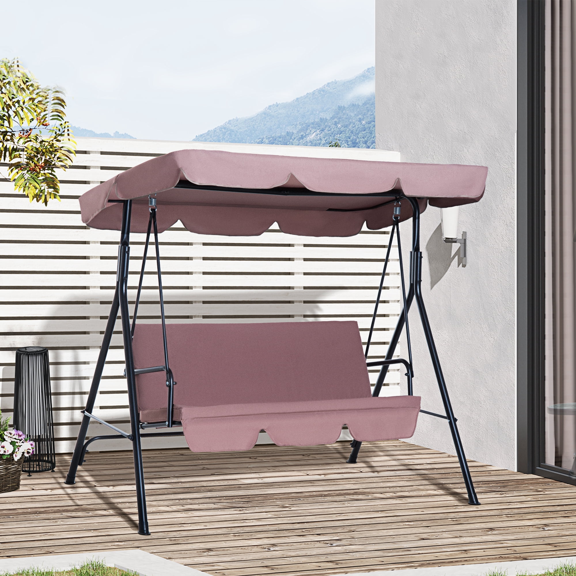 Brown 3-Seat Steel Frame Outdoor Patio Swing Chair with Adjustable Canopy