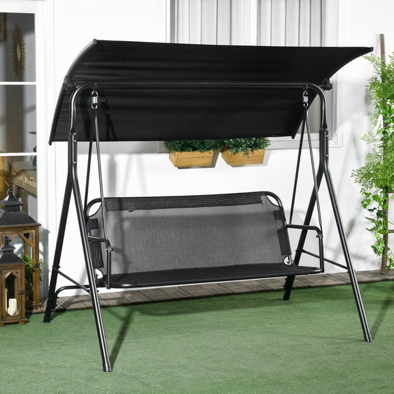 Outsunny 3-Seat Outdoor Patio Swing Chair with Removable Cushion, Steel Frame Stand, and Adjustable Tilt Canopy for Patio, Garden, Black