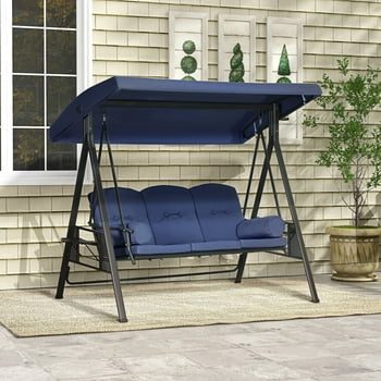 Outsunny 3-Seat Outdoor Patio Swing with Adjustable Tilt Canopy, Cushions, Pillow, Steel Frame, Side Tray, Cup Holder, Dark Blue