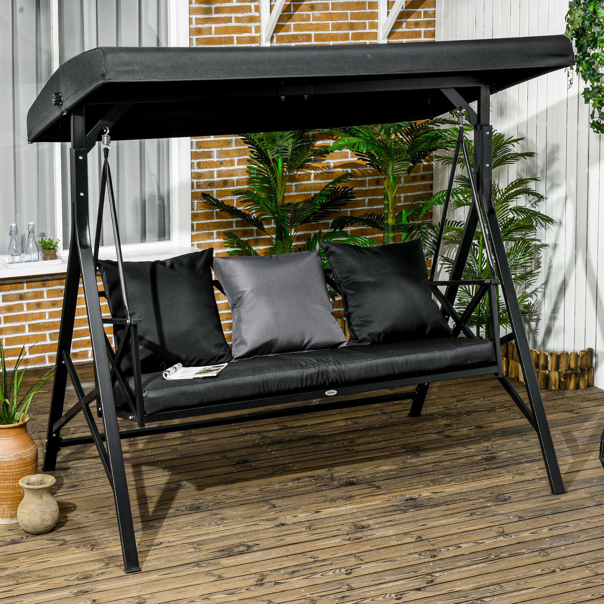 Outsunny 3 Seat Outdoor Porch Swing Adjustable Canopy Cushions Black